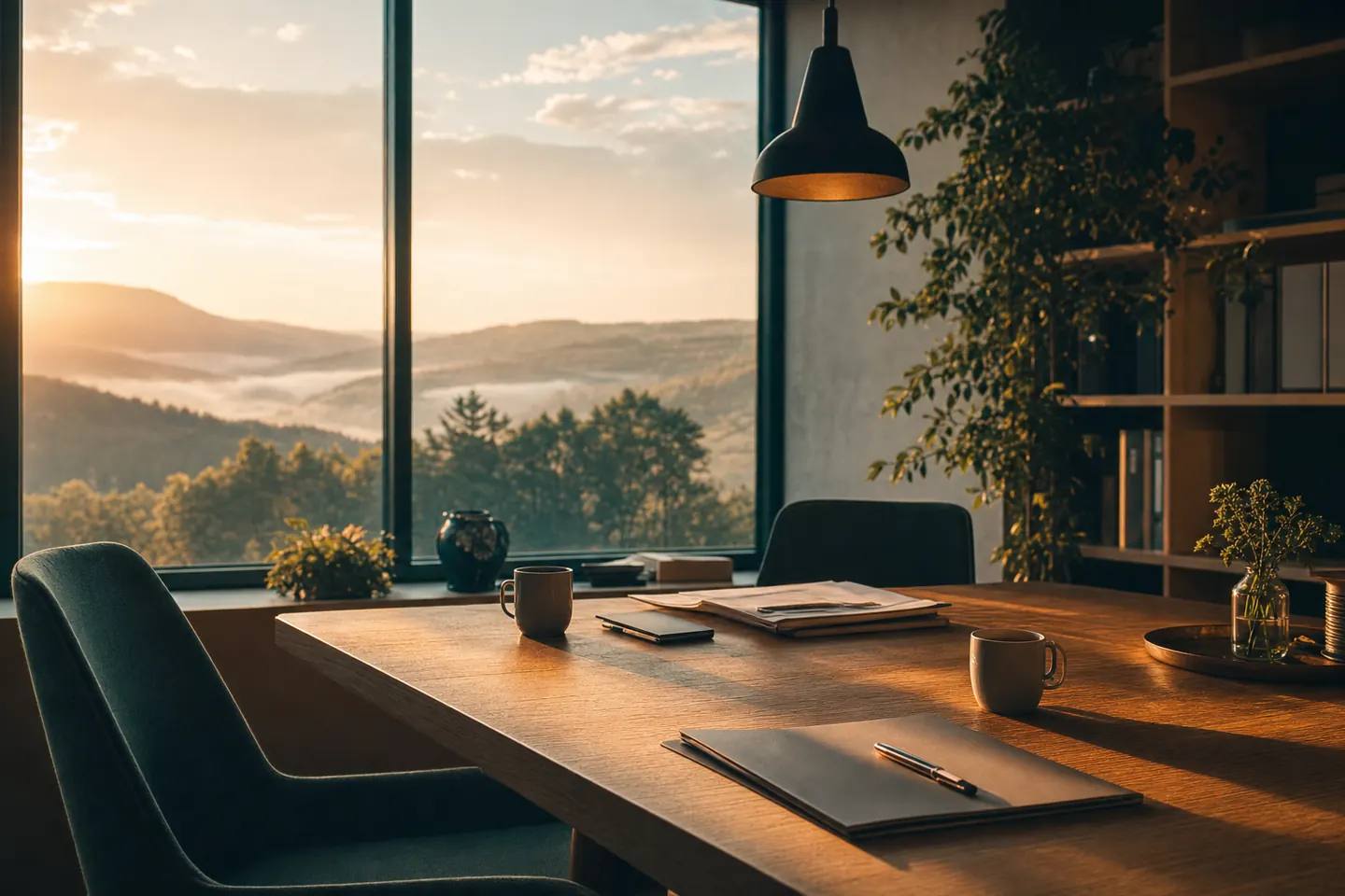 Ruhiger Arbeitsplatz am Fenster mit Blick über bewaldete Höhenzüge im Morgenlicht